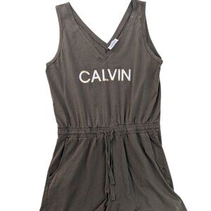 Calvin Klein Romper Metallic Olive Army Green Sleeveless Shorts Embellished Sz L